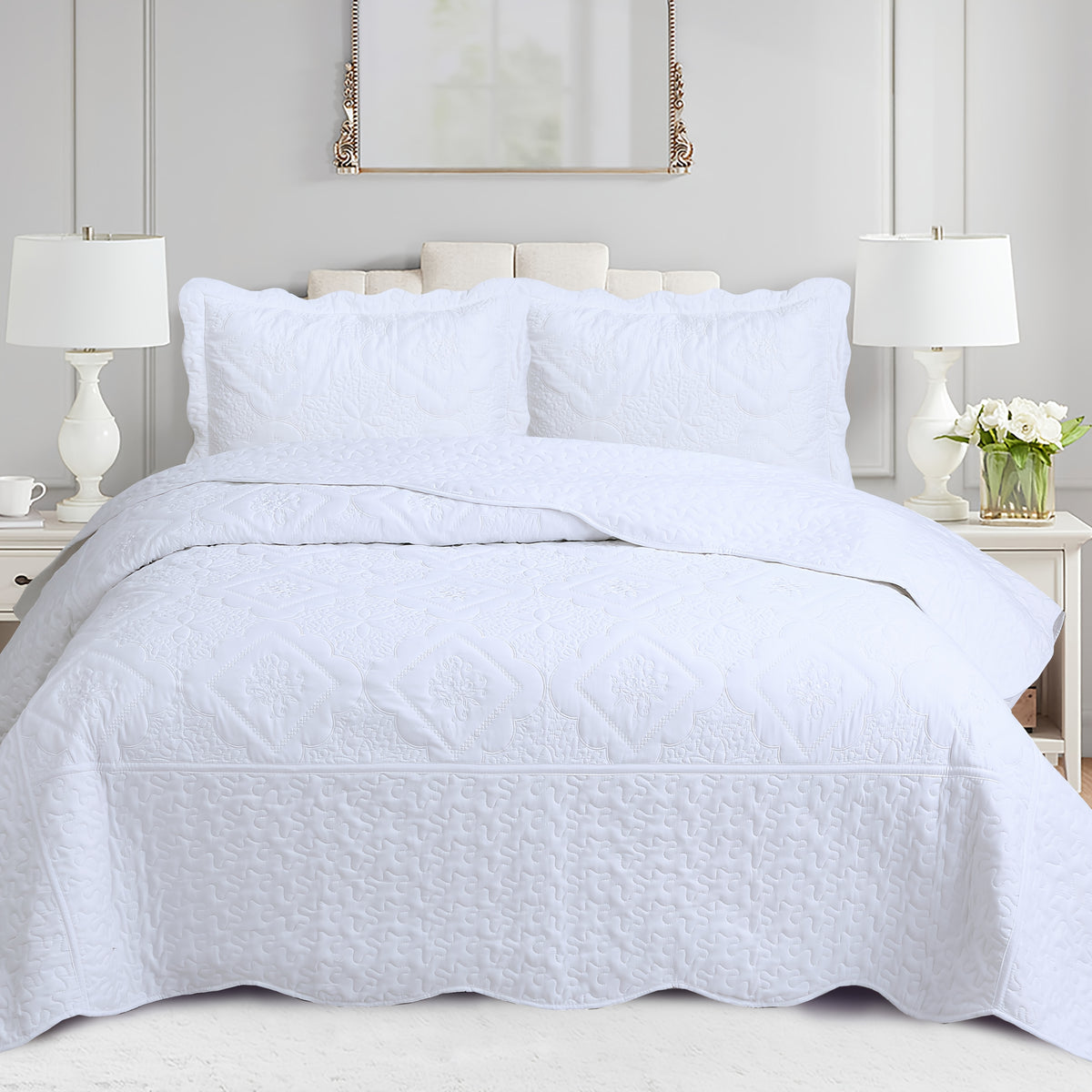 Quilted Embroidered Bedspread Set 3 Pcs – Floral Embroidery, 100% Polyester, Wrinkle-Resistant Lightweight Coverlet for Queen & King Bedroom Decor, 16 Colors