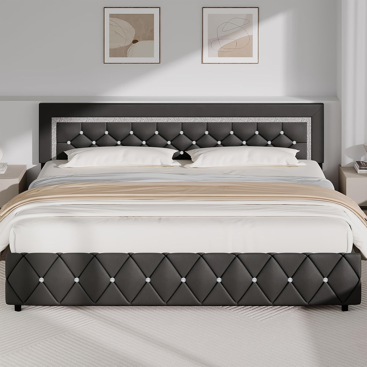 Upholstered Bed Frame with Diamond Tufted Headboard & Footboard – Faux Leather, Wooden Slats, No Box Spring Needed | Twin Full Queen King