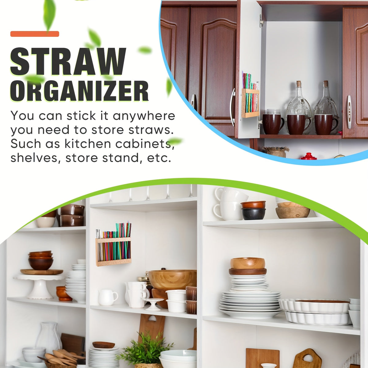 Wooden Straw Holder for Cabinet Door, Adhesive Tumbler Straw Organizer for Kitchen Counter & Cupboard, Acacia Wood Straw Dispenser Storage Container, Housewarming & Holiday Gift