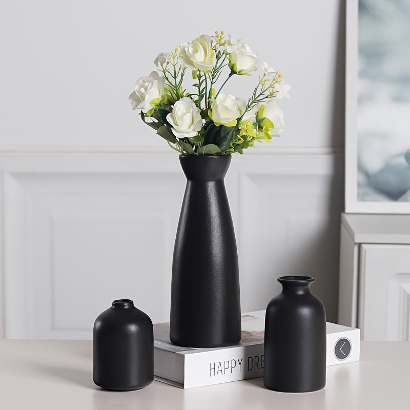 Boho Ceramic Vase Set 3pcs Matte Nordic Minimalist Geometric & Floral Designs, Decorative Vases for Living Room, Entryway, Bookshelf, TV Console & Bathroom Vanity, Holiday & Birthday Gift