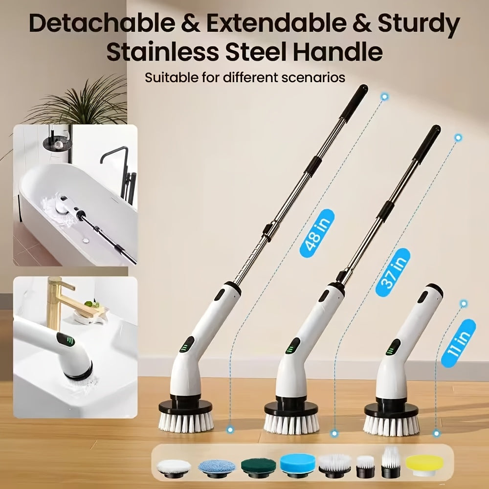 9-in-1 USB Rechargeable Electric Rotating Cleaning Brush – 8 Brush Heads + Gap Brush, 2-Hour Runtime, Telescopic Handle for Bathtub, Tile, Floor & Car