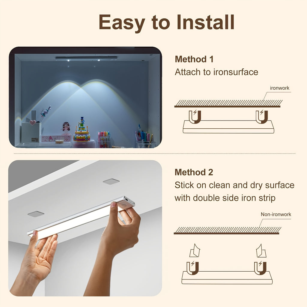 Smart LED Motion Sensor Cabinet Light USB Rechargeable - Dimmable Under Cabinet Light 3 Modes for Bedroom Stairs Kitchen Closet Hallway - 2 & 3 Pack Options, Black & White