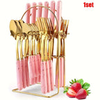 Marble Pattern Cutlery Set 24 Piece Polished Flatware Dinner Forks Soup Spoons Teaspoons for Home Restaurant Hotel Outdoor Dining Black Pink White Green