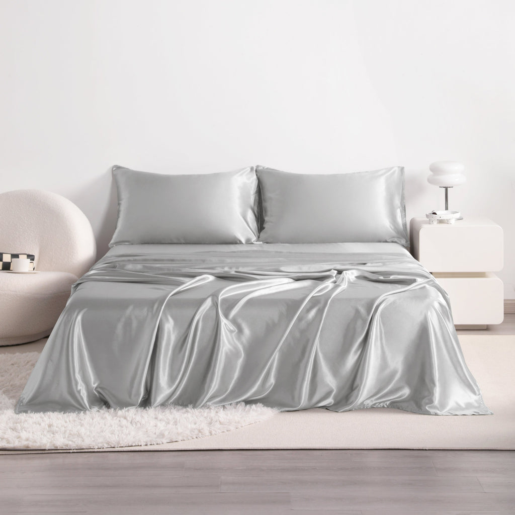 Cooling Satin Bed Sheet Set 4-Piece – Hypoallergenic Breathable Deep Pocket Flat & Fitted Sheet with Pillowcases, 300 GSM, 15 Colors, Twin to Cal King