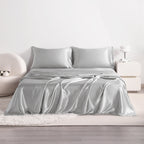 Cooling Satin Bed Sheet Set 4-Piece – Hypoallergenic Breathable Deep Pocket Flat & Fitted Sheet with Pillowcases, 300 GSM, 15 Colors, Twin to Cal King