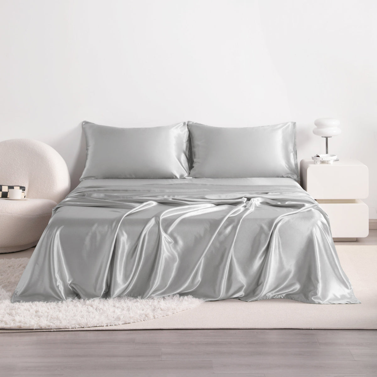 Cooling Satin Bed Sheet Set 4-Piece – Hypoallergenic Breathable Deep Pocket Flat & Fitted Sheet with Pillowcases, 300 GSM, 15 Colors, Twin to Cal King