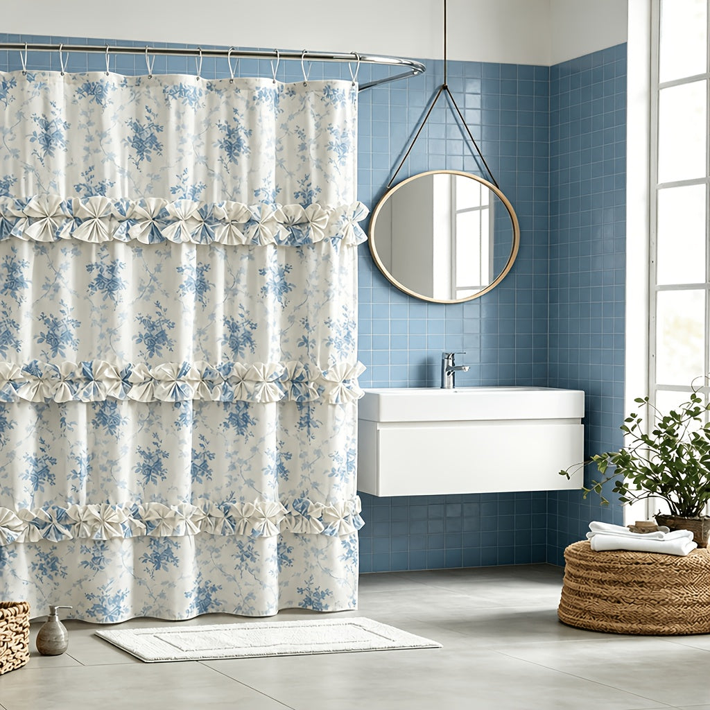 Bow Tie Ruffle Shower Curtain Vintage Handcrafted - Waterfall Ruched Fabric Bath Curtain with Hooks, Quick Dry Machine Washable, Farmhouse Romantic Decor, Multiple Sizes & Colors