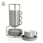 Porcelain Espresso Cups with Saucers 4oz – Set of 4 Stackable Cappuccino Cups with Metal Display Stand for Coffee, Latte & Tea