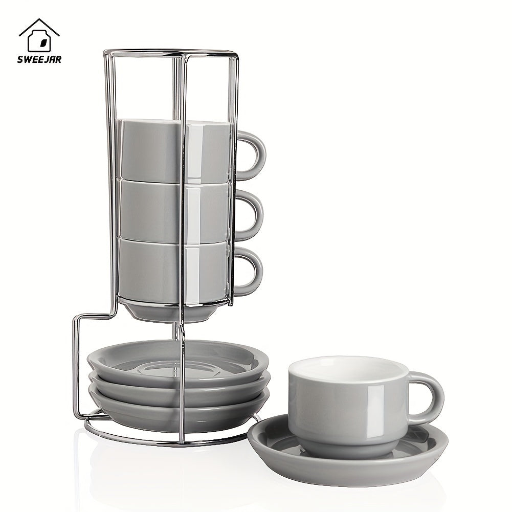 Porcelain Espresso Cups with Saucers 4oz – Set of 4 Stackable Cappuccino Cups with Metal Display Stand for Coffee, Latte & Tea