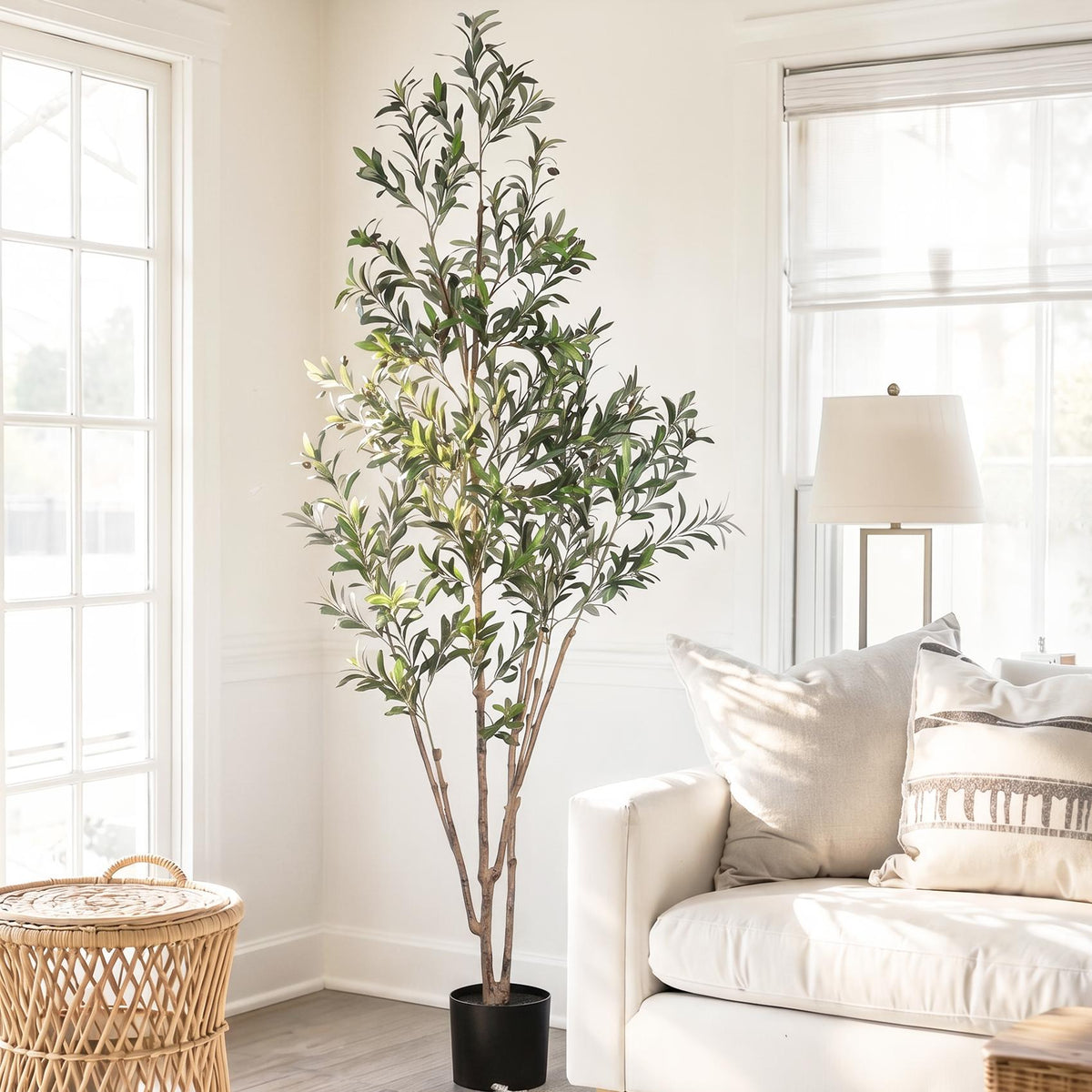 Tall Artificial Olive Tree 5/6/7FT Thick Trunk Indoor Faux Olive Plant with Lush Leaves & Berries for Living Room, Kitchen & Home Decor, Spring Summer Decoration