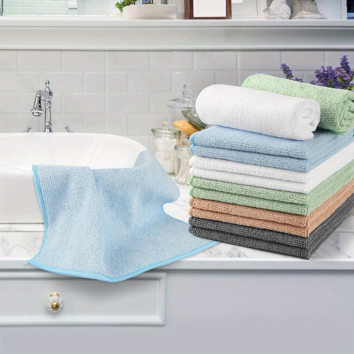 Bulk Microfiber Towels 100 or 200 Pack – Super Absorbent & Soft, 9.8×9.8 Inch – Multi-Purpose Washcloths for Bathroom, Hotel, Spa & Gym, Pure or Stripe, Random Color