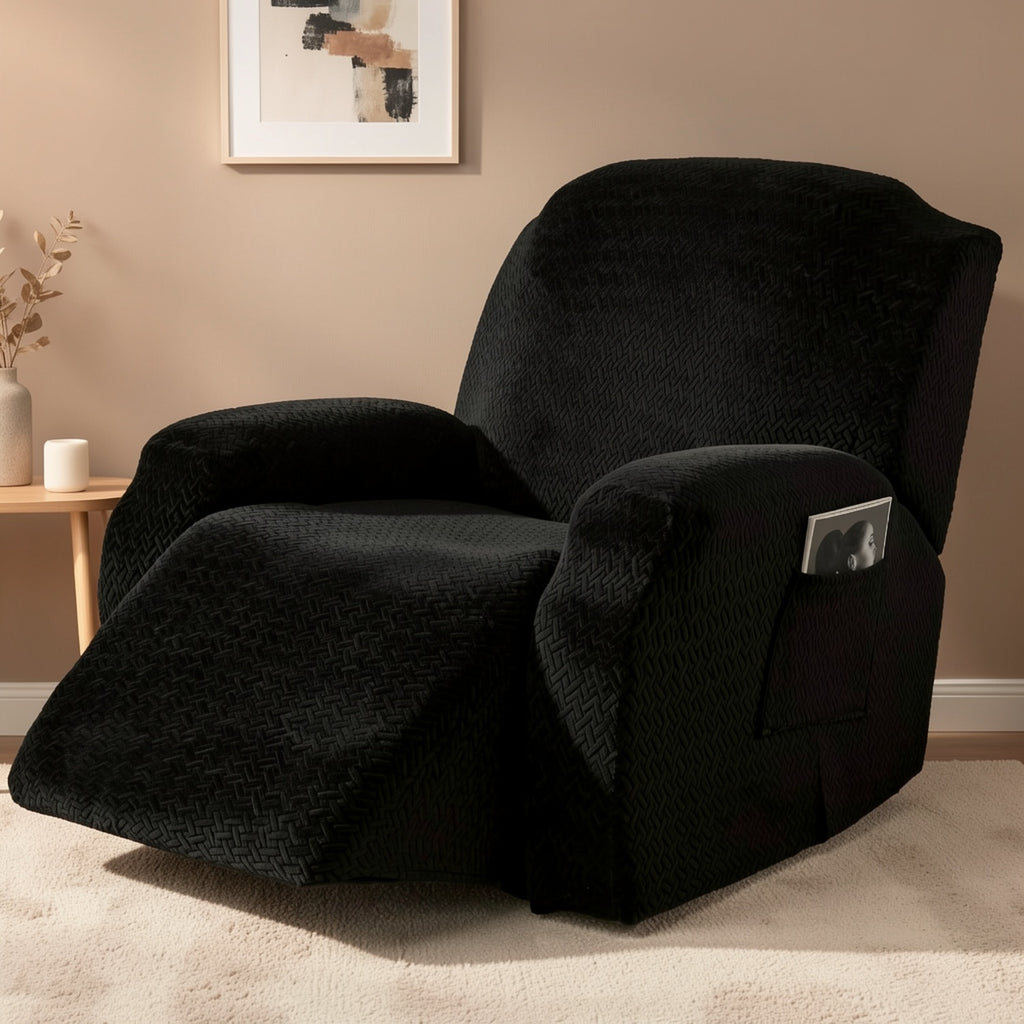 Recliner Sofa Cover 4pcs Set Jacquard Velvet High Elastic with Pocket – Removable Washable Chair & Sofa Protection Cover for Home Hotel, 7 Colors