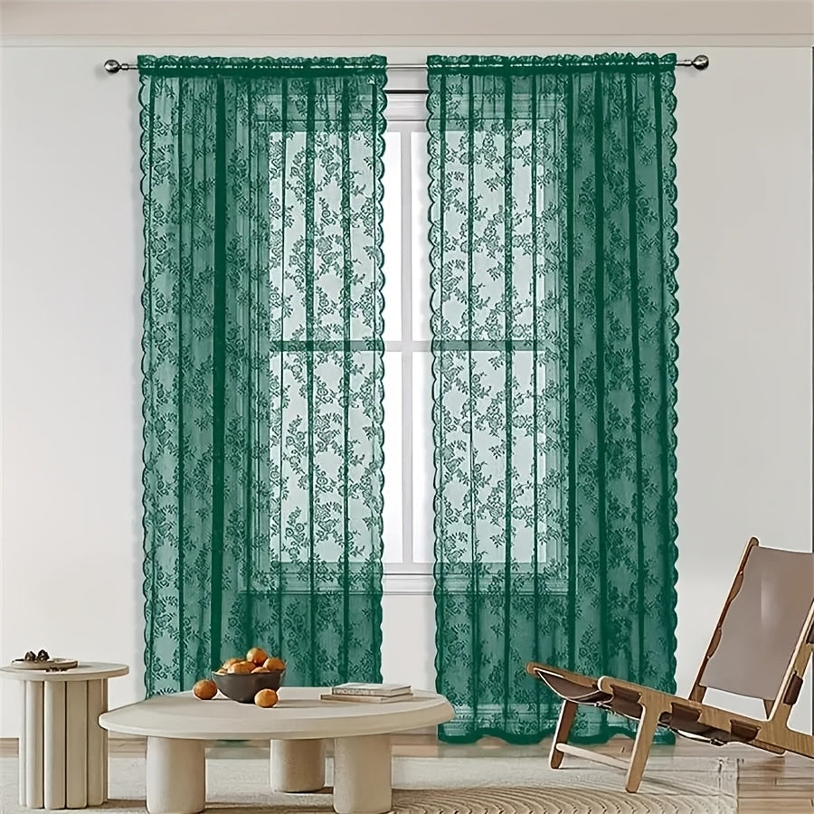 Vintage Lace Door Curtain with Wave Edge – Semi-Sheer Floral Embroidered Rod Pocket Panel for Home, Hallway & Outdoor | White, Black & Green
