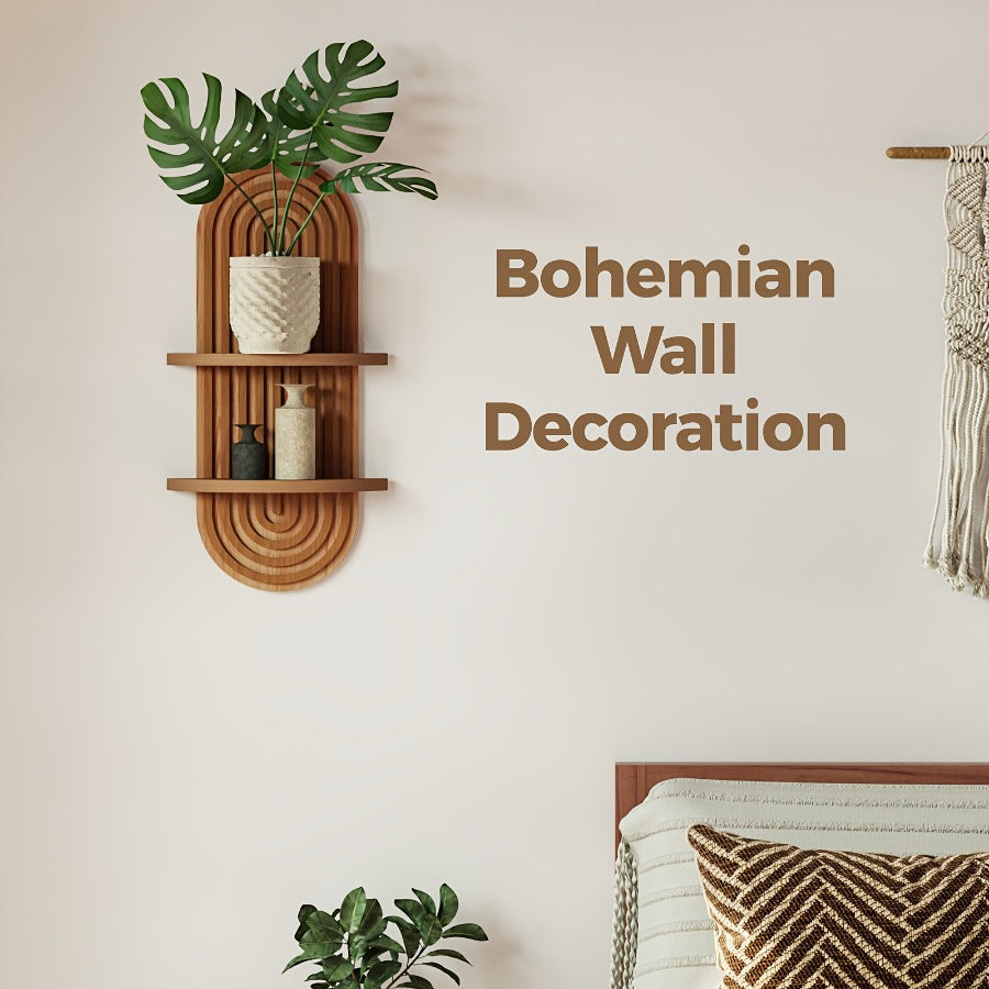 Boho Farmhouse Wood Floating Wall Shelves – 2-Layer Arc Design Wall-Mounted Storage Rack for Books, Plants & Decor in Bedroom, Bathroom, Kitchen & Living Room