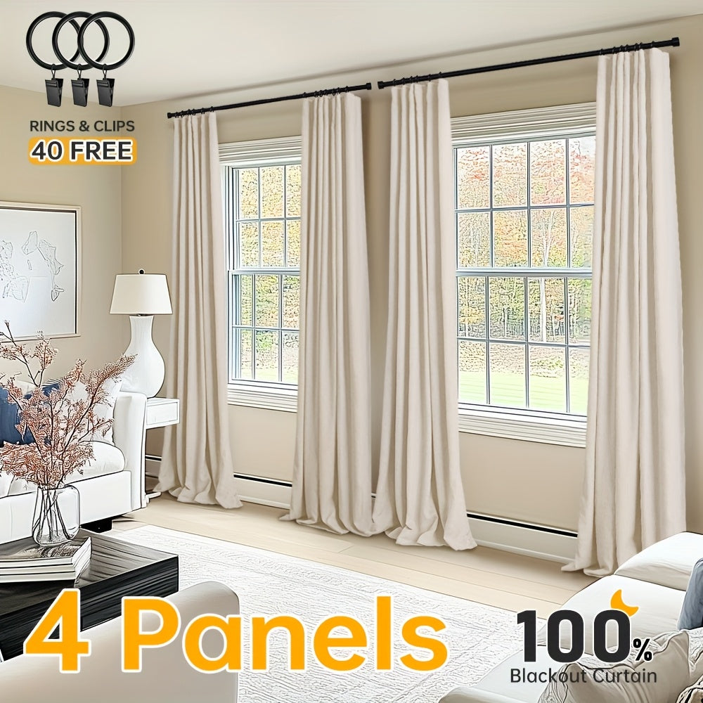 100% Blackout Faux Linen Curtains 4 Panels - Thermal Insulated Drapes with Clip Rings or Rod Pocket, Extra Wide 50" Panels for Bedroom Living Room, 10 Colors 4 Lengths