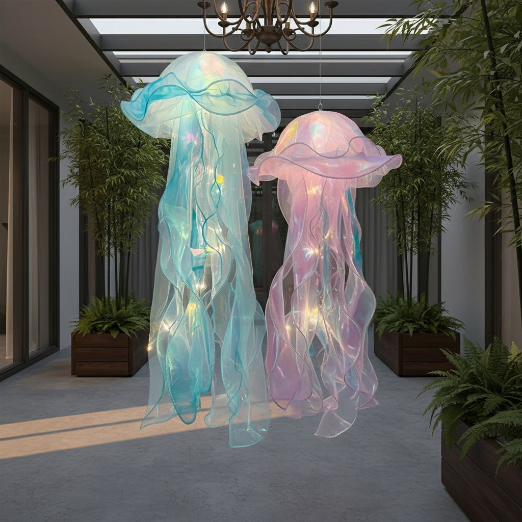 LED Jellyfish Chandelier Lights Color Changing, Set of 2 Hanging Outdoor Garden Tree Lights for Christmas, Halloween, Gender Reveal & Mood Lighting, Battery Powered