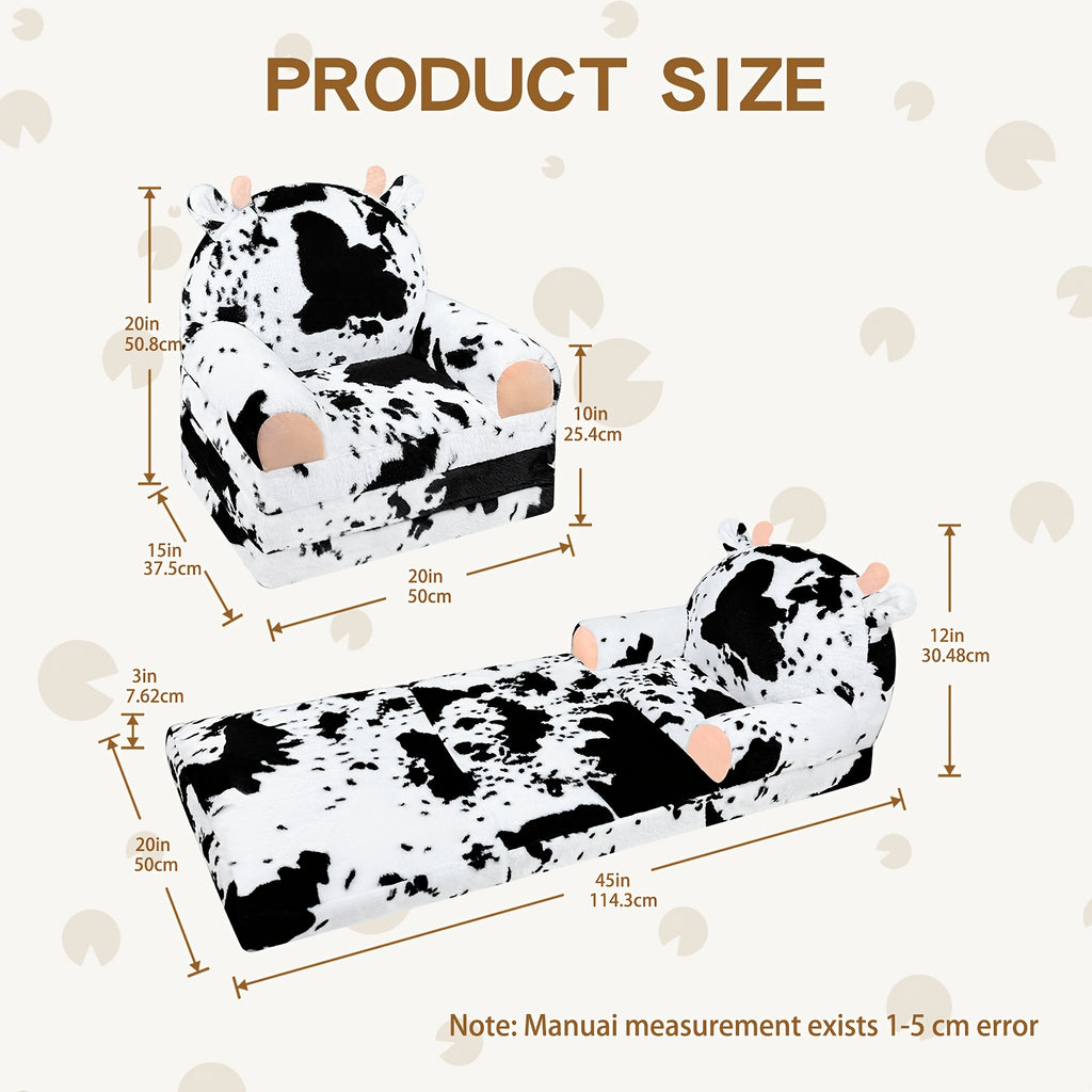 Flip-Open Kids Sofa Chair 2-in-1 with Removable Washable Cover – Soft Plush Animal Pattern Children's Lounger for Reading Nook, Playroom & Bedroom, Lightweight Comfy Seat for Boys & Girls, Koala, Cow Cat & Milk Cow