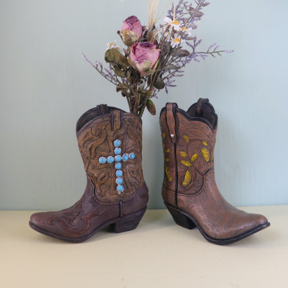 Western Cowboy Boots Resin Vase Ornament Hydroponic Flower Arrangement Container – Creative Light Luxury Living Room Home Decoration Decorative Accent Piece