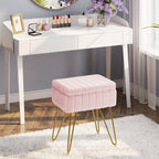 Vanity Chair with Storage PU Leather Makeup Stool Shoe Changing Ottoman Dual Purpose Seat 4 Gold Metal Legs Bedroom Living Room Study Cream White Black Pink Purple