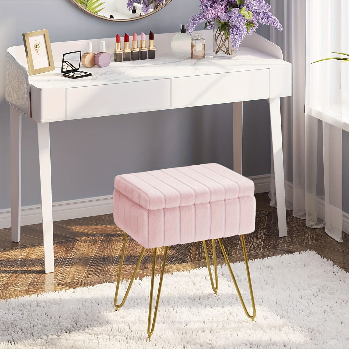 Vanity Chair with Storage PU Leather Makeup Stool Shoe Changing Ottoman Dual Purpose Seat 4 Gold Metal Legs Bedroom Living Room Study Cream White Black Pink Purple