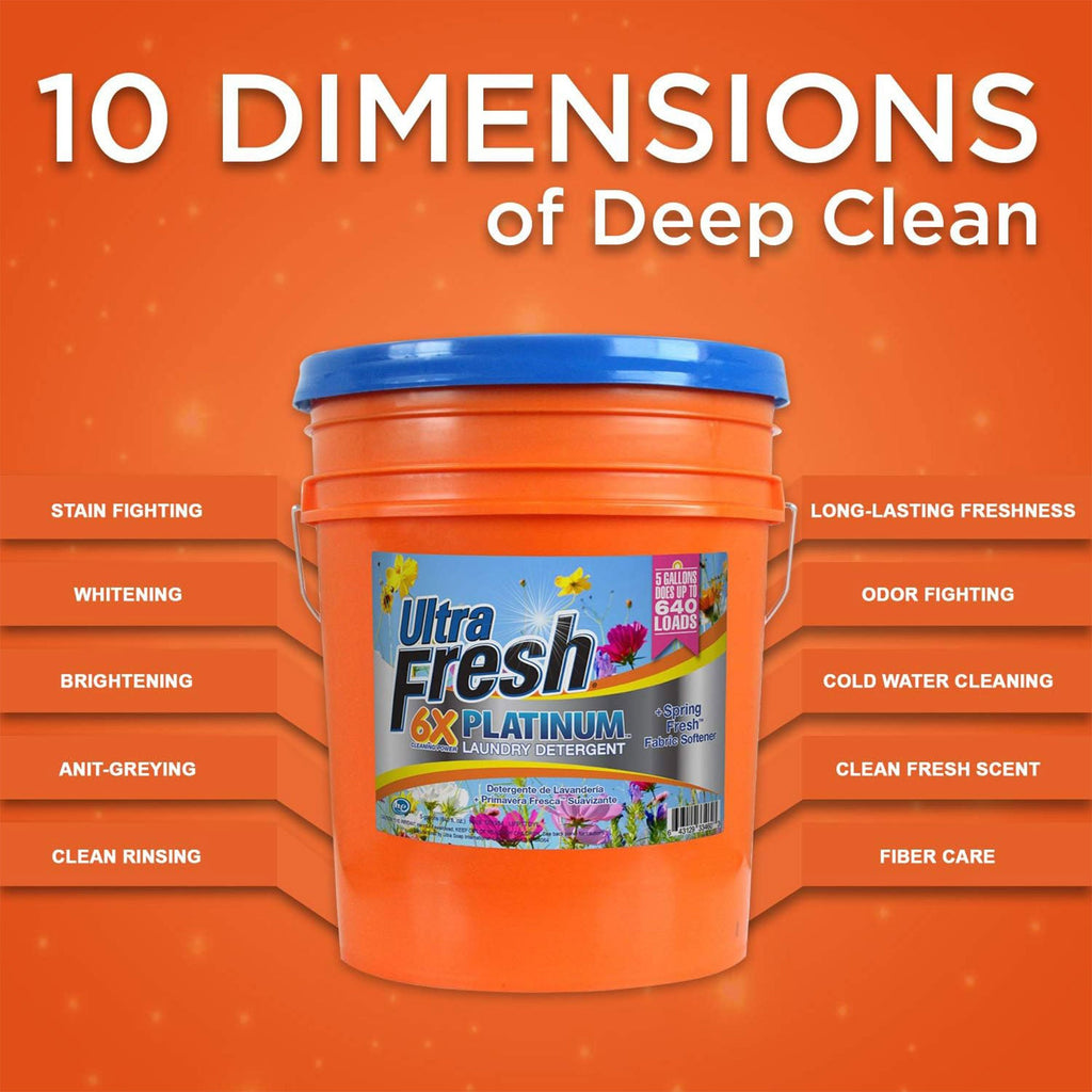 Ultra Fresh 6X Concentrated Liquid Laundry Detergent 5 Gallon with Pump, Up to 640 Loads HE Compatible All Machine Types, No Phosphates No Bleach, 4 Scent Options