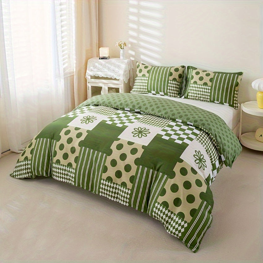 Green Geometric Duvet Cover Set 3 Piece Soft Microfiber with 2 Pillowcases Multiple Sizes Bedroom Decor Comforter Not Included