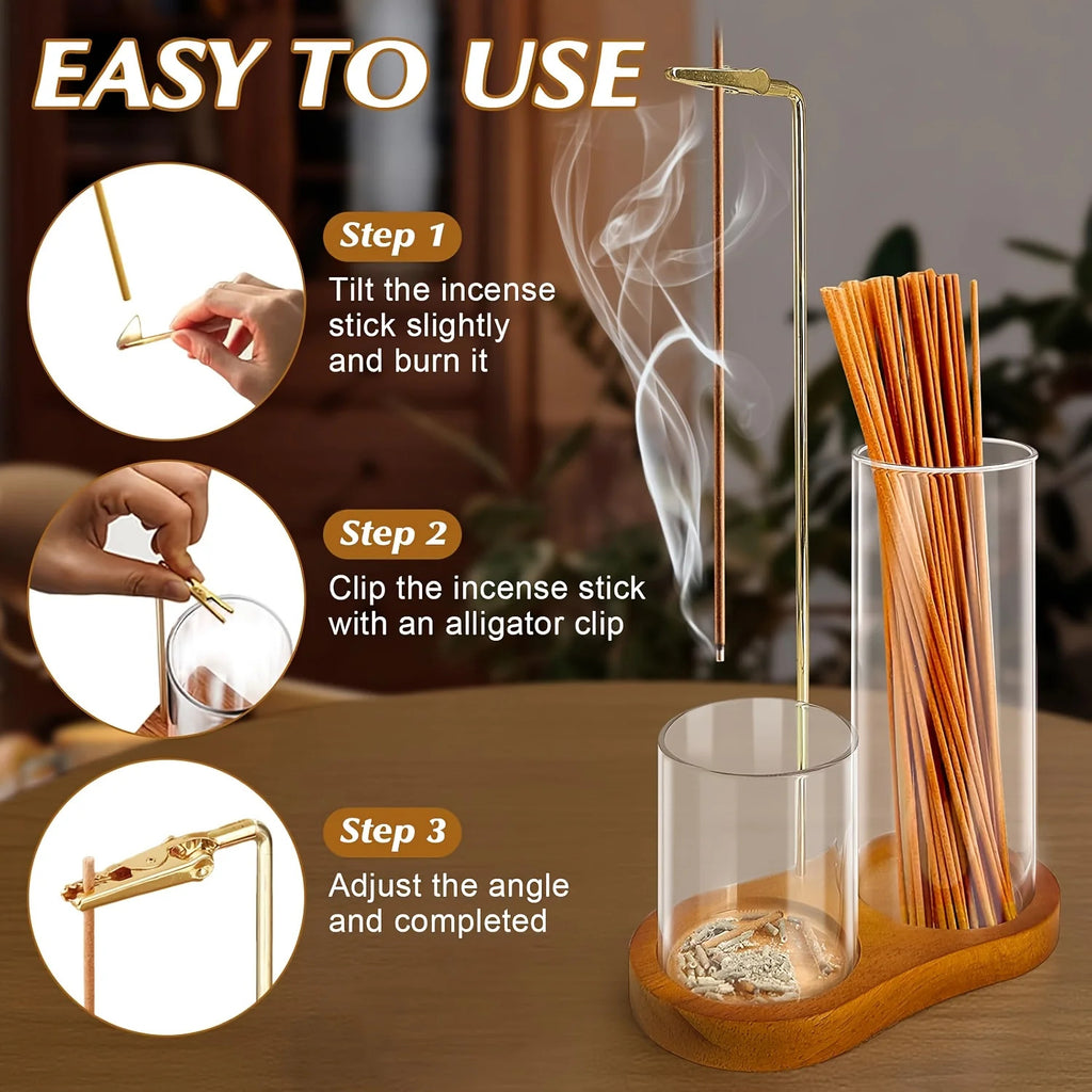 4-Piece Minimalist Glass Incense Holder Set with Wooden Base – Transparent Zen Style Ash Catcher for Yoga, Meditation & Home Decor