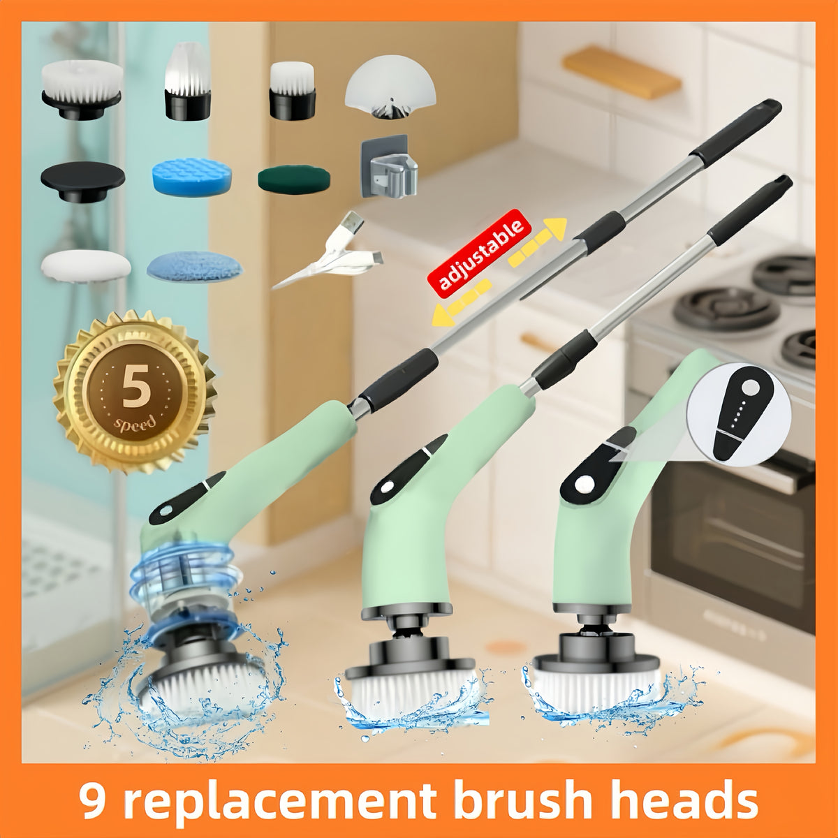 Electric Scrubber Brush with 9 Brush Heads 5 Speeds & 3 Extendable Handles - Power Cleaning Brush for Bathroom, Kitchen, Tiles, Floors & Carpets