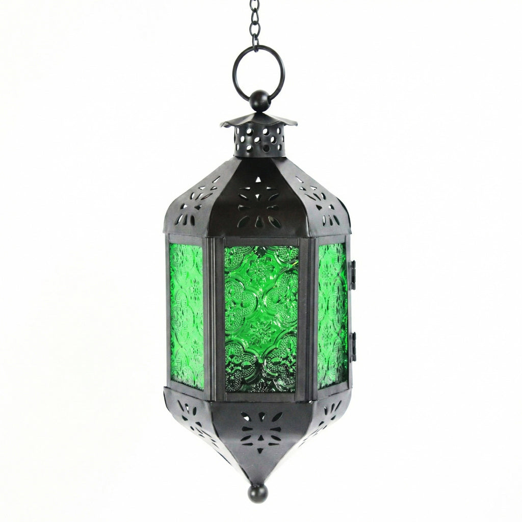 Moroccan Hanging Candle Lantern with Chain – Vintage Boho Style Iron & Glass Tealight Holder for Home, Patio, Garden, Wedding & Ramadan Decor (23.5" Overall)