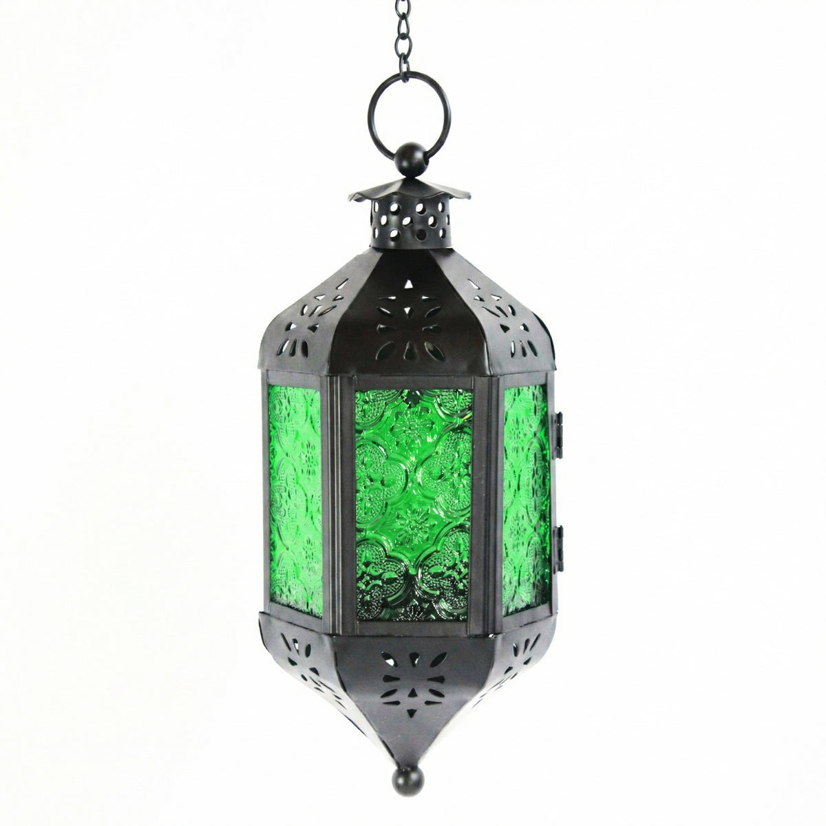 Moroccan Hanging Candle Lantern with Chain – Vintage Boho Style Iron & Glass Tealight Holder for Home, Patio, Garden, Wedding & Ramadan Decor (23.5" Overall)