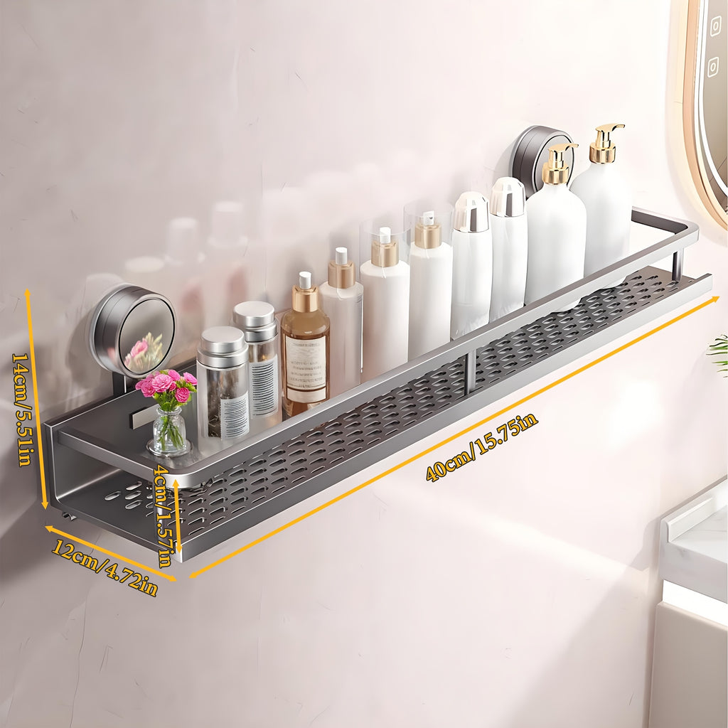 Suction Cup Shower Caddy Space Aluminum – Wall-Mounted Bathroom Shelf Organizer with Towel Holder, Rustproof Floating Shelf for Shampoo & Soap