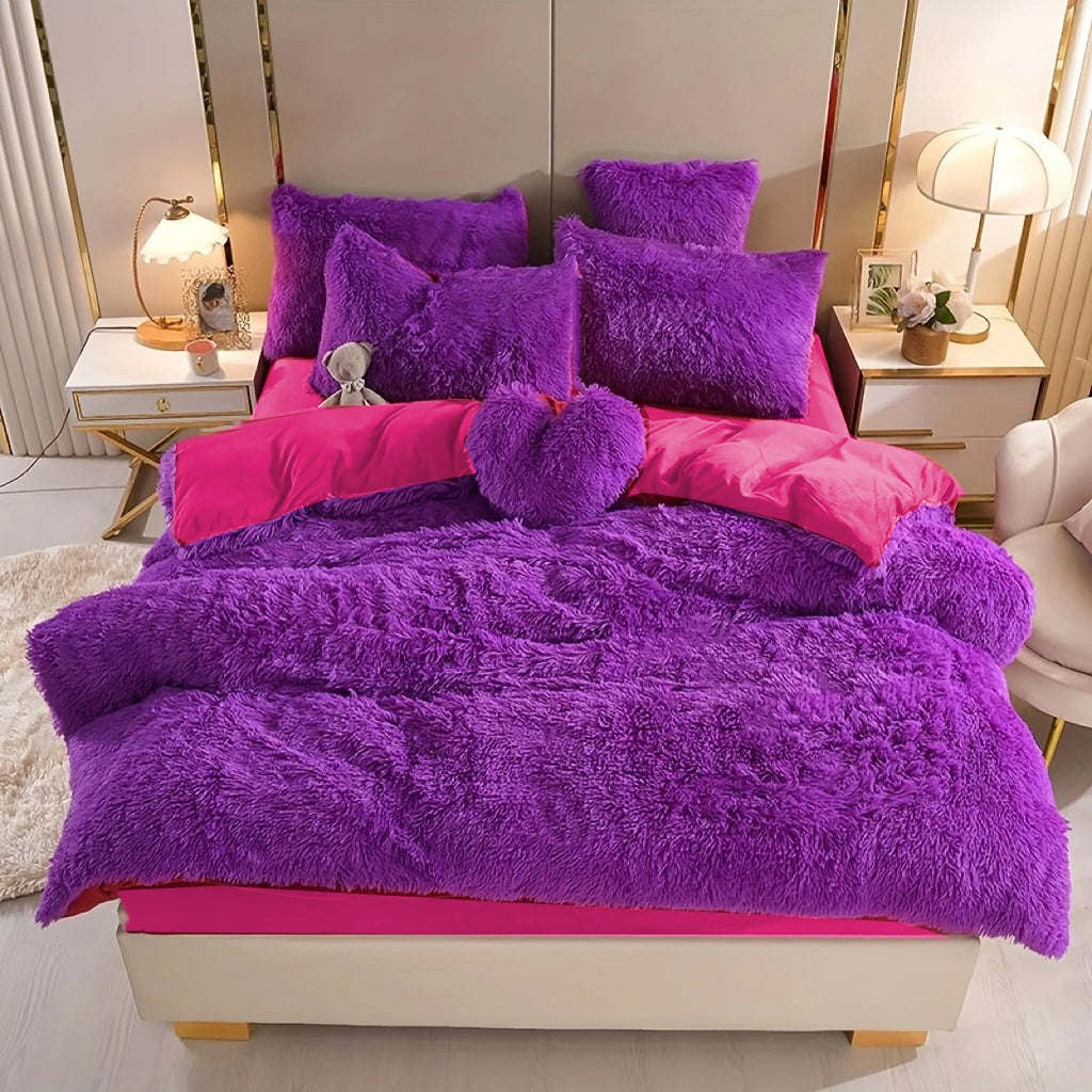Plush Faux Fur Duvet Cover Set for Kids & Teens, 3/4 Pcs with Pillowcases & Heart Pillow, Super Soft Warm Faux Fur Comforter Cover, Machine Washable Lodge Style Bedding, Twin Queen King