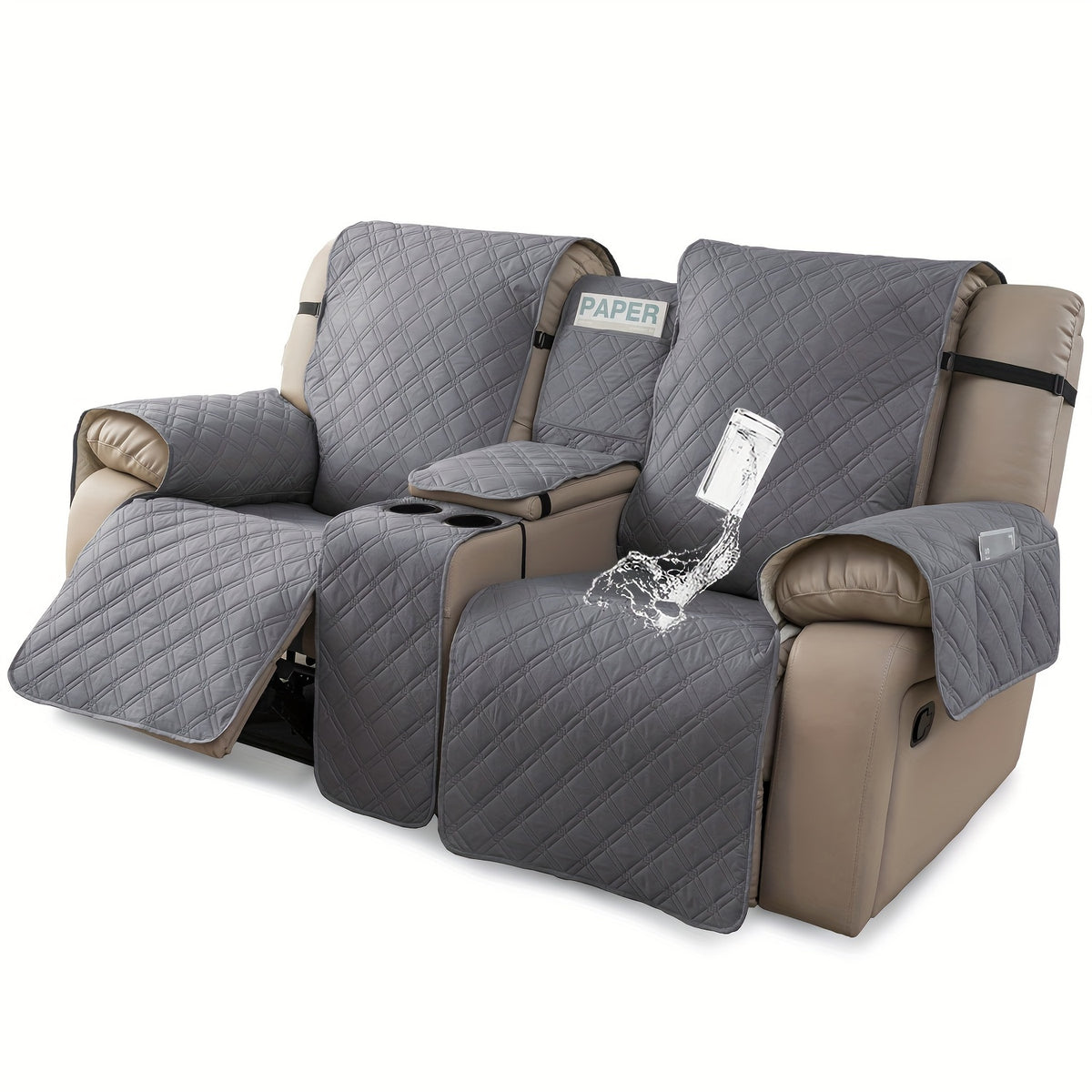 Recliner Loveseat Cover with Console 4-Piece Chenille Quilted Waterproof Slipcover | Non-Slip Pet Scratch Resistant Sofa Protector with Cup Holder Pocket, 9 Colors