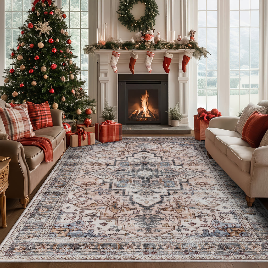 Bohemian Area Rug Washable Ultra-Soft Non-Slip Retro Foldable Living Room Bedroom Rug Beige Grey 4x6 5x7 6x9 8x10 9x12