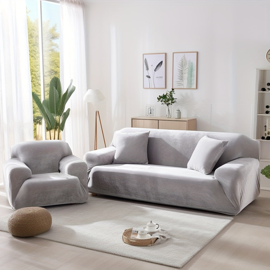Velvet Stretch Sofa Cover Slipcover – Thick High-Elasticity Plush Couch Cover for L-Shape 1 2 3 4 Seater, Polyester Spandex Furniture Protector with Pillowcase for Living Room