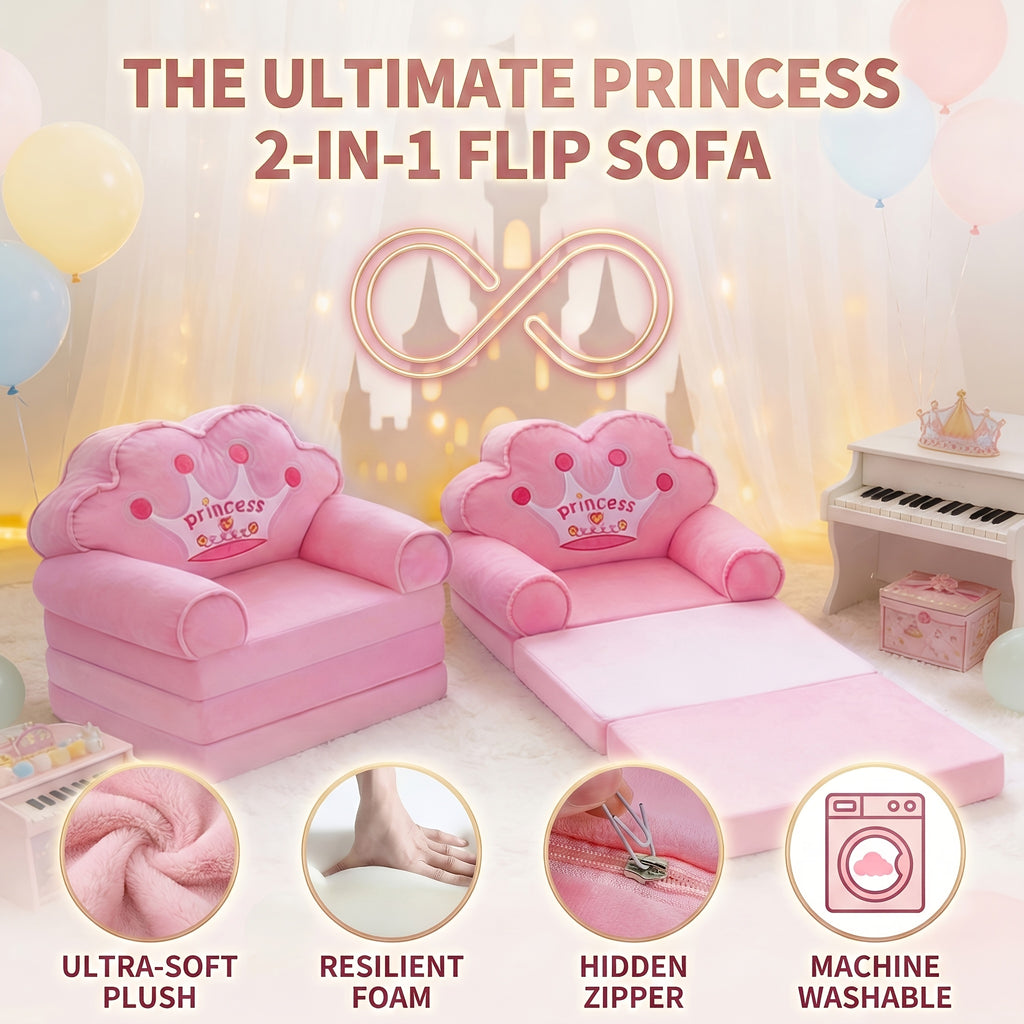 Flip Open Kids Sofa with Princess Crown Design – 2-in-1 Foldable Couch & Lounger Chair, Machine Washable Plush Cover, Certified Safe Foam, Dreamy Reading Nook Gift for Girls