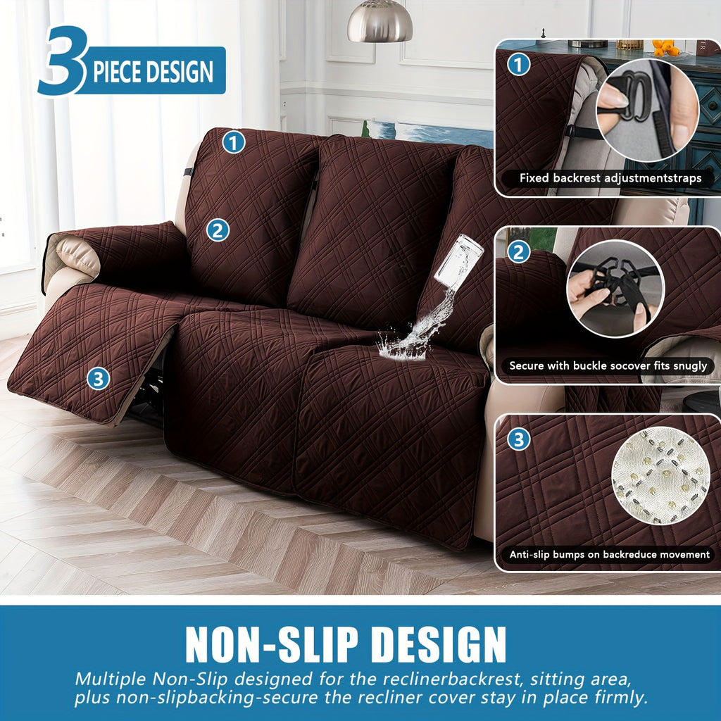 Recliner Slipcovers 3pcs Set – Waterproof Non-Slip Elastic Quilted Recliner Chair Cover Furniture Protector for Living Room Bedroom Office, Valentine's Day Gift Home Decor