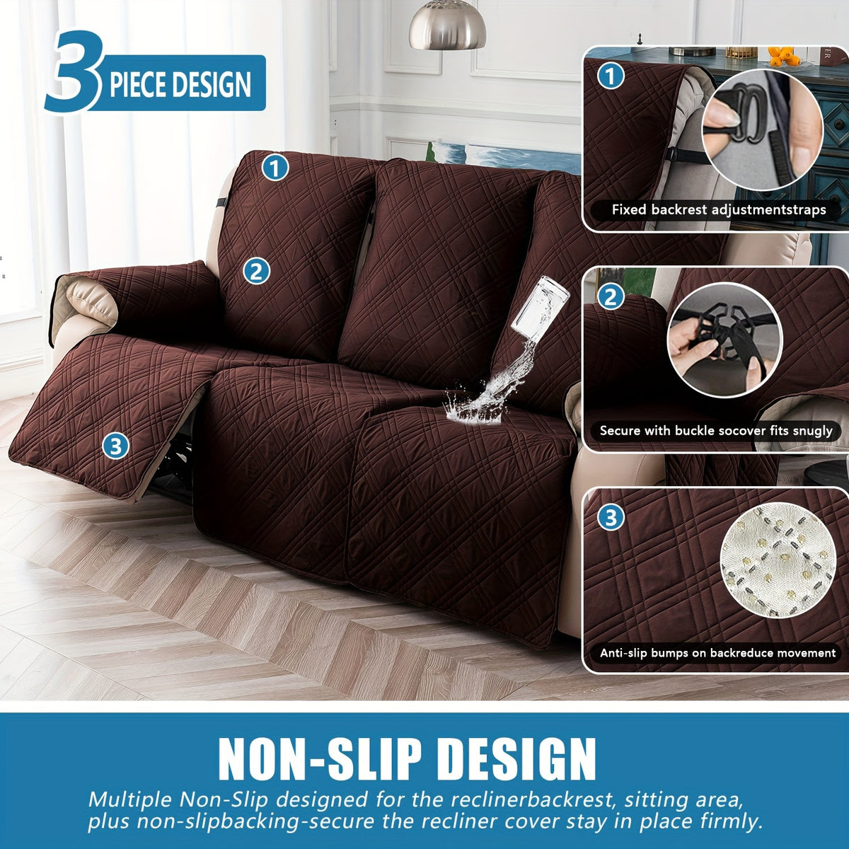 Recliner Slipcovers 3pcs Set – Waterproof Non-Slip Elastic Quilted Recliner Chair Cover Furniture Protector for Living Room Bedroom Office, Valentine's Day Gift Home Decor