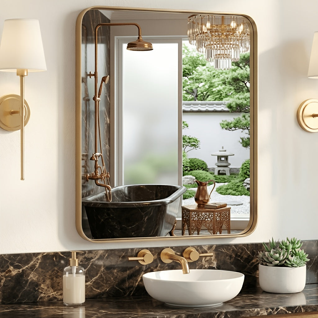 Metal Framed Rounded Rectangle Wall Mirror for Bathroom – Over Sink, Horizontal or Vertical Hanging, Modern Farmhouse Decor, Matte Black, Gold & Silver, Multiple Sizes 16x20 to 36x48 In