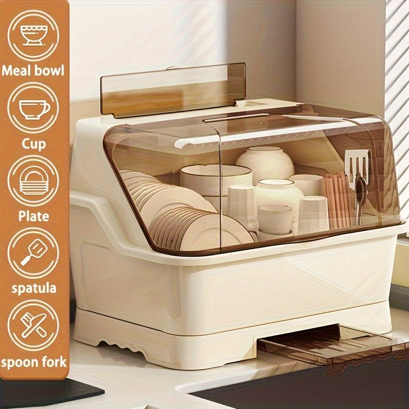 Covered Dish Organizer & Cutlery Holder with Drain Plate - Space-Saving Countertop Rack, Dust-Proof, Cream, Large & Extra Large