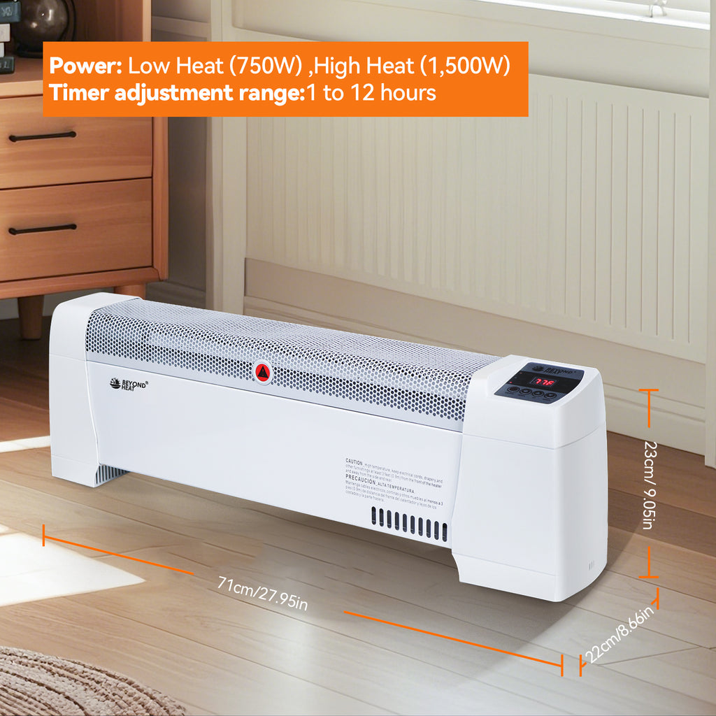Baseboard Heater Electric 1500W Convection Adjustable Thermostat Overheat Protection Tip-Over Safety Quiet Operation ETL Approved White Manual Digital