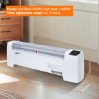 Baseboard Heater Electric 1500W Convection Adjustable Thermostat Overheat Protection Tip-Over Safety Quiet Operation ETL Approved White Manual Digital