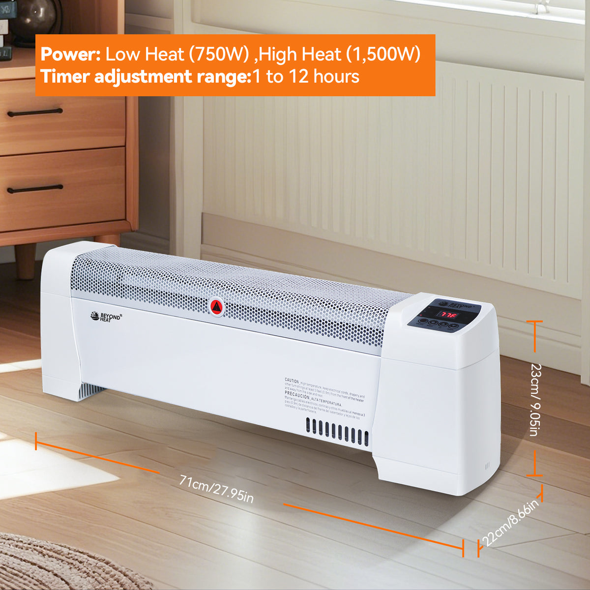 Baseboard Heater Electric 1500W Convection Adjustable Thermostat Overheat Protection Tip-Over Safety Quiet Operation ETL Approved White Manual Digital