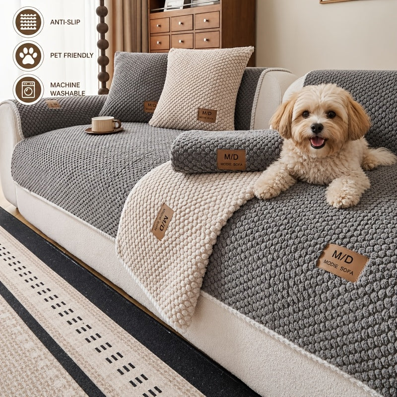 Bohemian Plush Sofa Cover with Cushion Pad Machine Washable Pet Friendly for Cats & Dogs – Fits Single Double Triple Quad Sofas, Warm Cozy Boho Home Decor Couch Protector