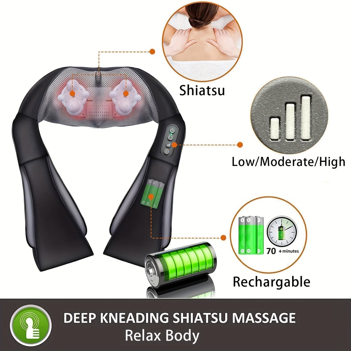 Cordless Shiatsu Neck Back Massager Pillow with Heat, 4D Kneading Deep Tissue Massage for Shoulder Back Leg Waist, USB Charging Wireless Electric Massage Machine