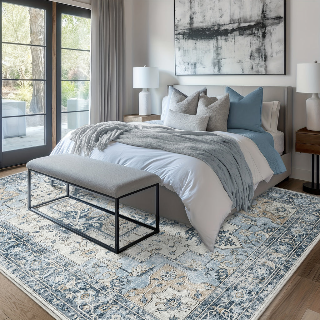 Vintage Retro Area Rug – Machine Washable Non-Slip Low Pile Chenille Print Carpet for Living Room, Bedroom, Dining Room & Home Office, Blue, Multiple Sizes