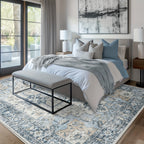 Vintage Retro Area Rug – Machine Washable Non-Slip Low Pile Chenille Print Carpet for Living Room, Bedroom, Dining Room & Home Office, Blue, Multiple Sizes