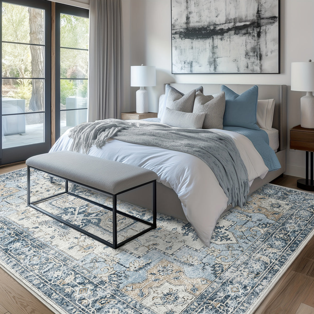 Vintage Retro Area Rug – Machine Washable Non-Slip Low Pile Chenille Print Carpet for Living Room, Bedroom, Dining Room & Home Office, Blue, Multiple Sizes