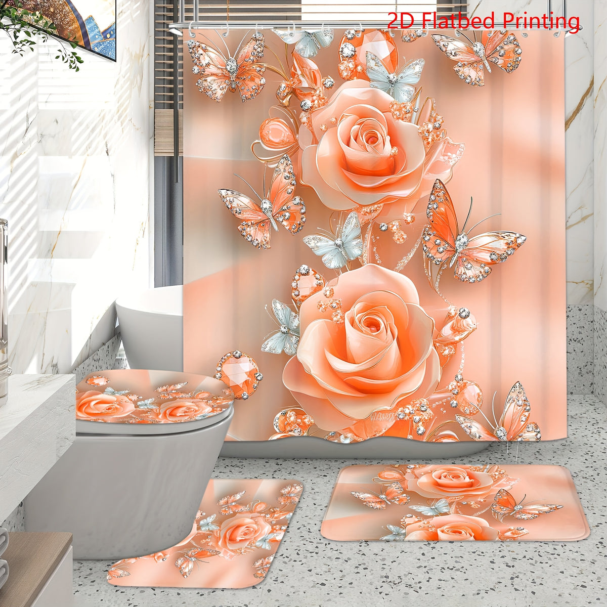 Flower Shower Curtain Set 4pcs – Abstract Floral Bathroom Curtain with 12 Hooks, Bath Mat, U-Shape Mat & Toilet Seat Cover, Modern Bathroom Decor
