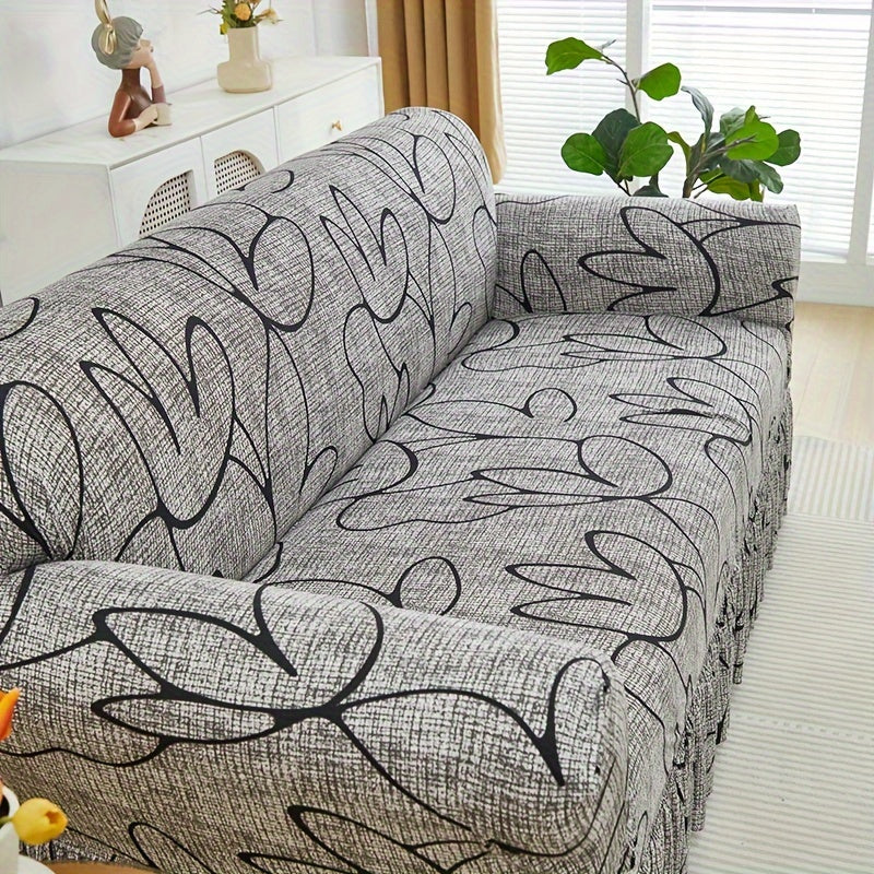 Elastic Sofa Cover with Printed Skirt - Universal Stretch Couch Slipcover Furniture Protector 2 3 4 Seater Living Room Bedroom Office All Seasons